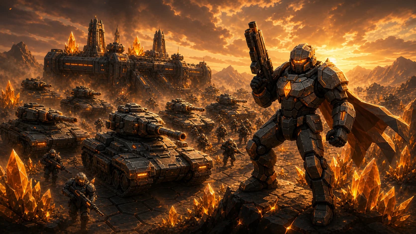 A HammerForce armour column rolling out of a steel citadel at dawn, hazard-orange trim glowing on gunmetal hulls